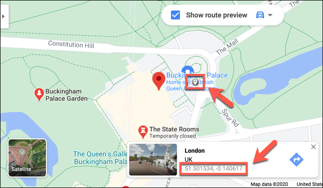 The coordinates for Buckingham Palace, London, shown on the Google Maps website