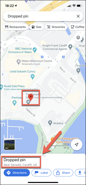 Tap the Dropped Pin box after dropping a red pin in Google Maps on iPhone or iPad.