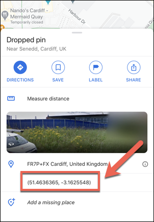 The coordinates for the Welsh Parliament, UK, as shown in the Google Maps app on iPhone.