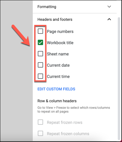 Click one of the available preset options in the Headers and Footers category in the Print Settings menu to add those features to your printed spreadsheet.