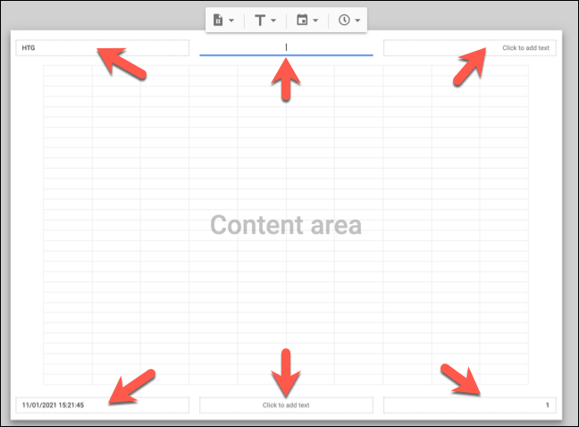 Click on an available text box in the header or footer areas of the visible Google Sheets print view to add, remove, or change the existing header or footer text.