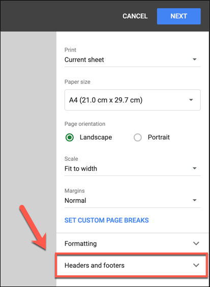 To add a custom header or footer, press the Headers and Footers category to view a list of available options in the Print Settings menu.