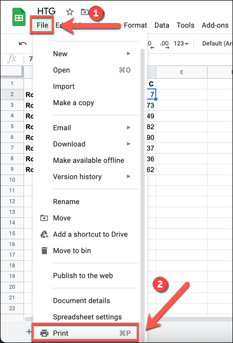 On your Google Sheets spreadsheet, press File > Печать, чтобы получить доступ к параметрам принтера для вашей электронной таблицы.