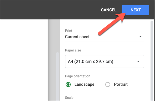 After customizing your header or footer, press Next in the top-right corner of the Print Settings menu to begin printing your edited Google Sheets spreadsheet.