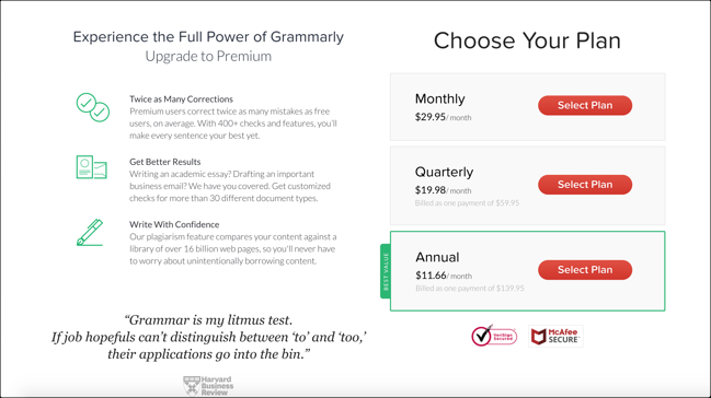 A list of Grammarly Price Plans