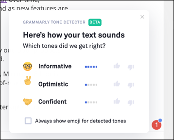 The Grammarly tone suggestion tool on the web
