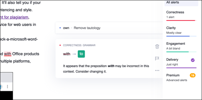 A Grammarly word suggestion with description