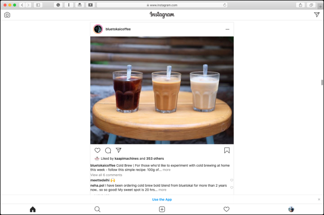 The Instagram mobile layout in Safari on a Mac.