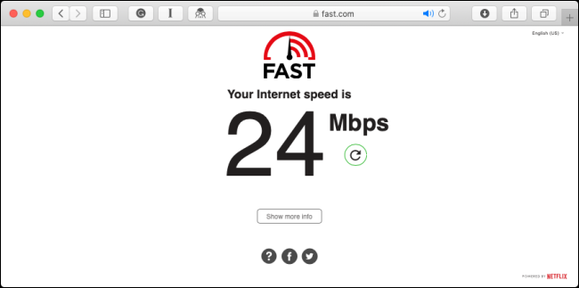 An internet speed test on the Fast.com website.