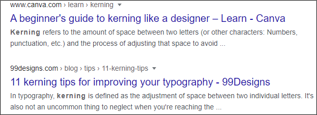 Results for kerning in Google Search.