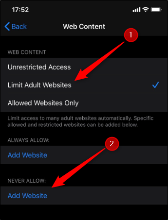 Tap Limit Adult Websites, and then tap Add Website.