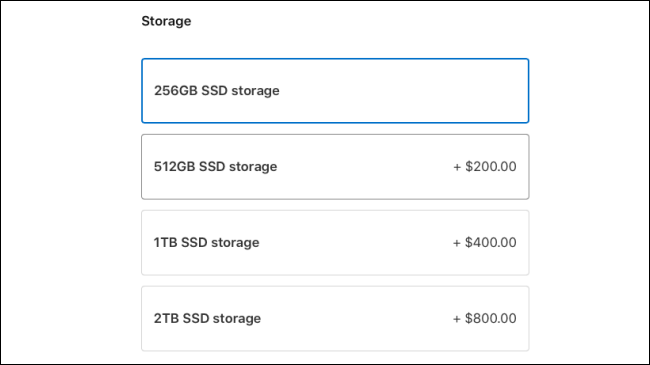 The MacBook Air 2020 Storage options.