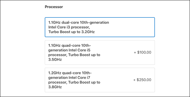 The MacBook Air 2020 Processor options.