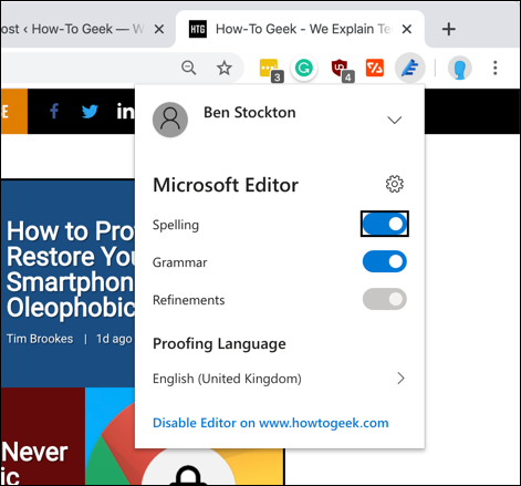 The Microsoft Editor Chrome extension settings tab