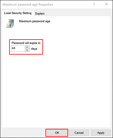 Set the maximum password age, and then click OK.