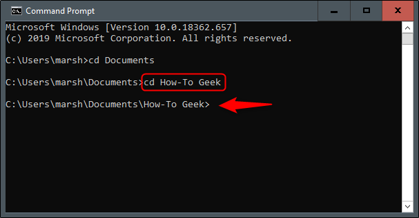 The cd How-To Geek command in Command Prompt.