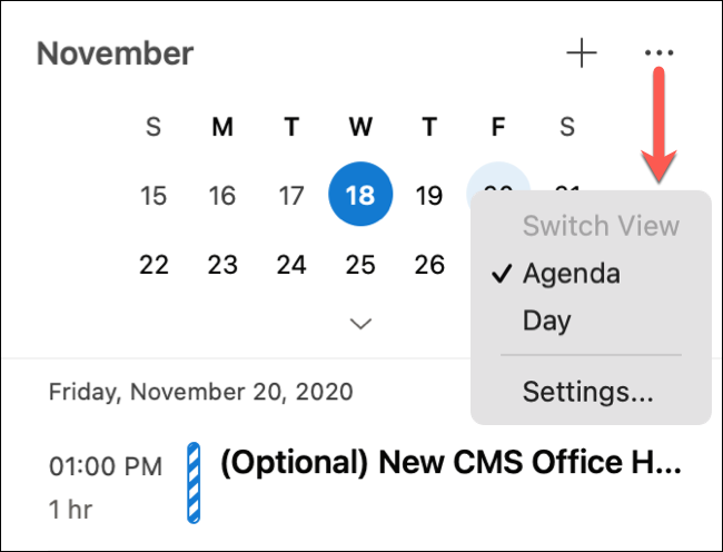 Click three dots for Agenda or Day view