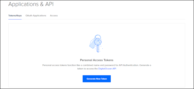 The Tokens/Keys tab in the Applications and API menu on DigitalOcean.