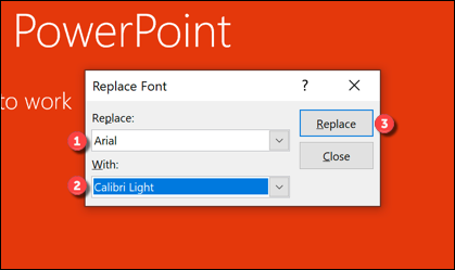 Set the fonts you wish to replace (and be replaced with) from the drop-down menus, then press the Replace button.