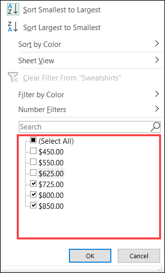 Check boxes for Filters