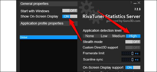 Enable the Show On-Screen Display option, and then click High under Application Detection Level.