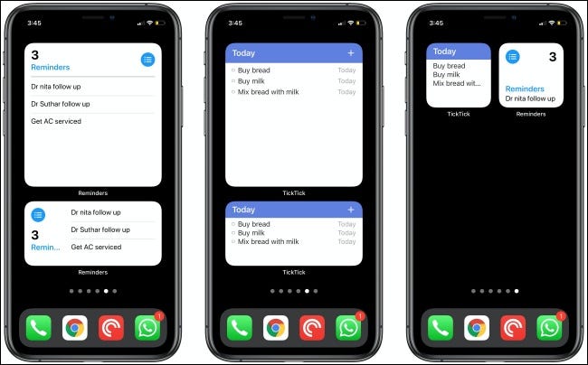 The Reminders and TickTick Widgets on three iPhones.