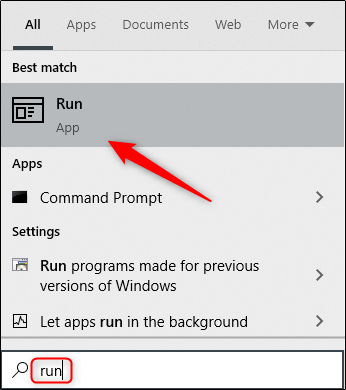 Type run in the Windows Search box, and then click Run in the results.