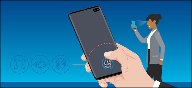 A drawing of a woman using the Samsung Biometric Recognition on the back of a smartphone.