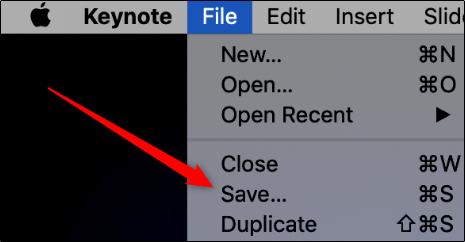 Click File, and then click Save in Keynote.