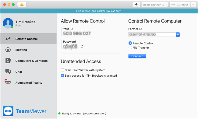 The TeamViewer Remote Control menu on a Mac. 
