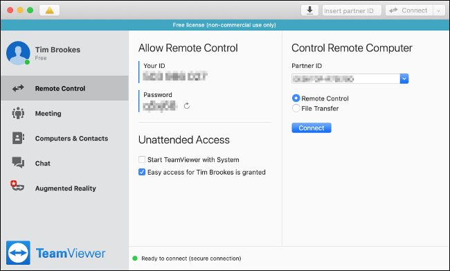 The TeamViewer Remote Control menu on a Mac.