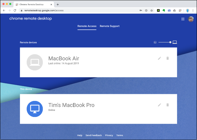 The Remote Access menu on Chrome Remote Desktop.