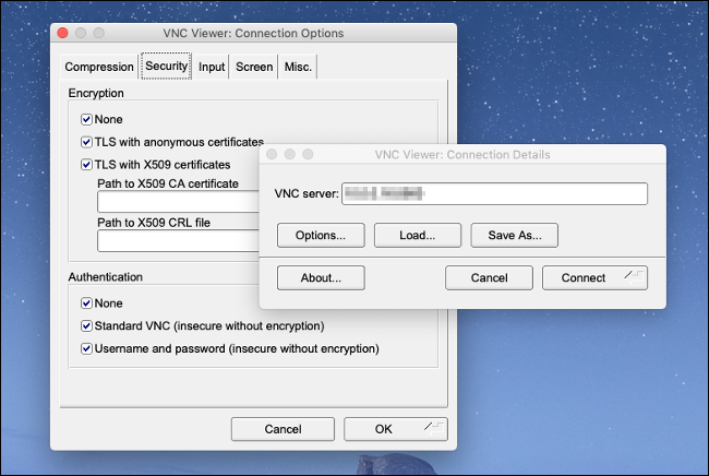 The TigerVNC Viewer menu on a Mac.