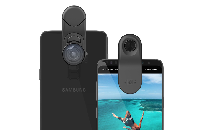 Two Olloclip snap-on lenses on Samsung smartphones.