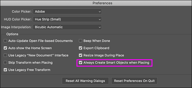 preferences dialog that disables smart objects being embedded by default