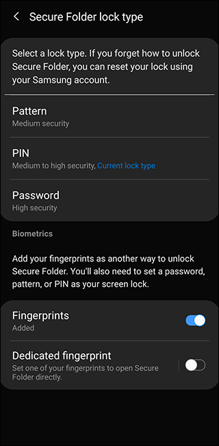 Sasmung Secure Folder Lock Type