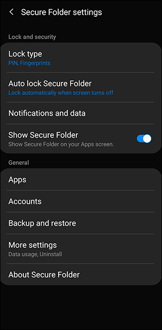 Sasmung Secure Folder Settings Screen