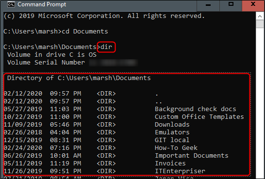 The dir command and a directory's contents in Command Prompt.