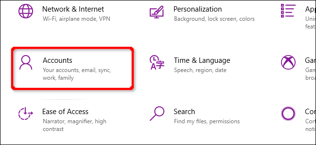 Select Accounts in Windows 10 Settings