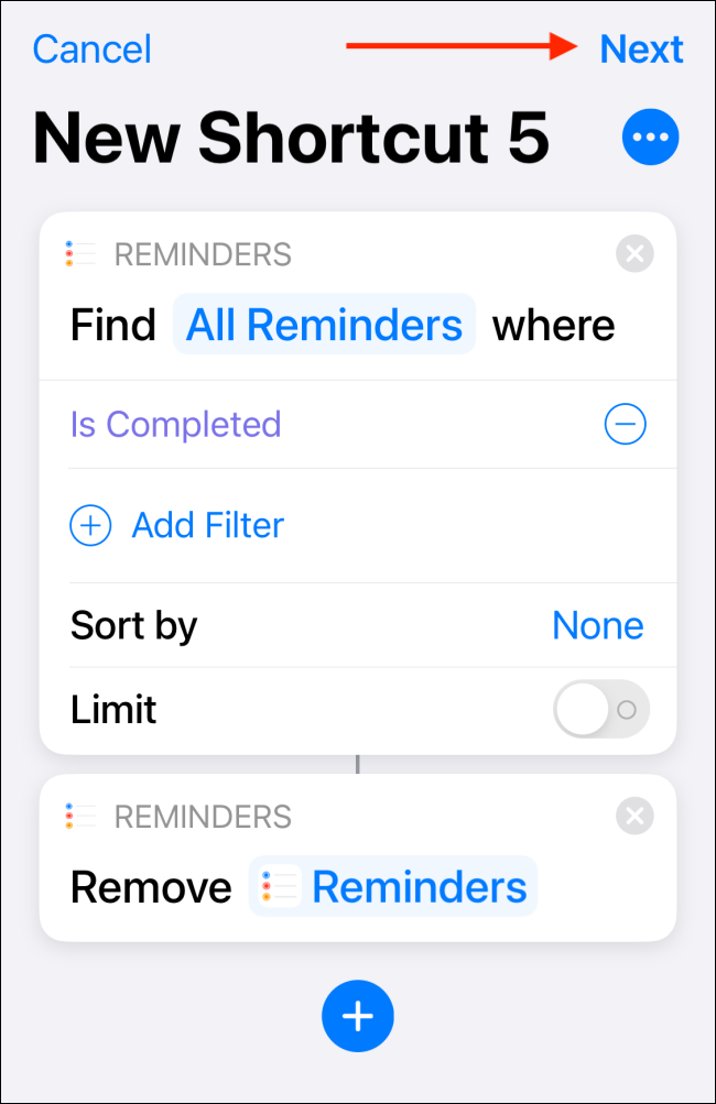 Tap Next after you create you shortcut. 