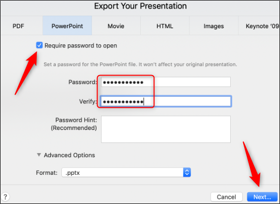 Click the Require Password to Open checkbox, type and verify a password, change the Format:, and then click Next. 