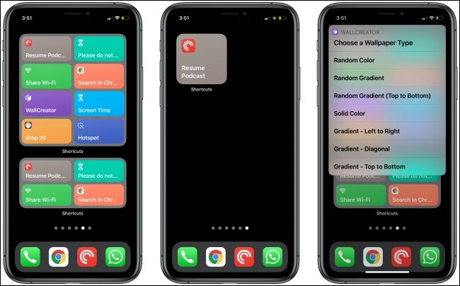 Shortcuts Widgets on three iPhones.