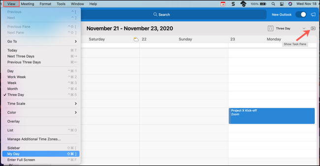 Click View to show My Day or the Task Pane button