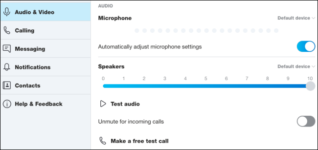 The Skype Audio and Video menu.