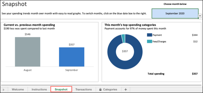 Snapshot Tab in Money In Excel