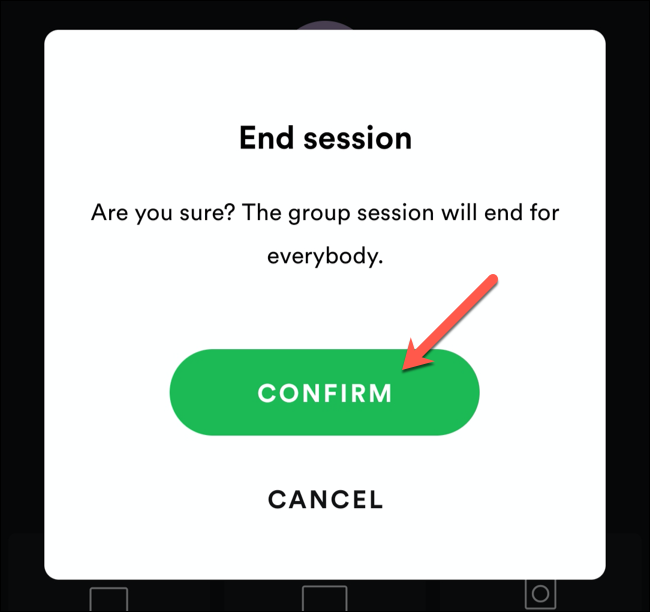 Tap Confirm to confirm the end of a Spotify group session.