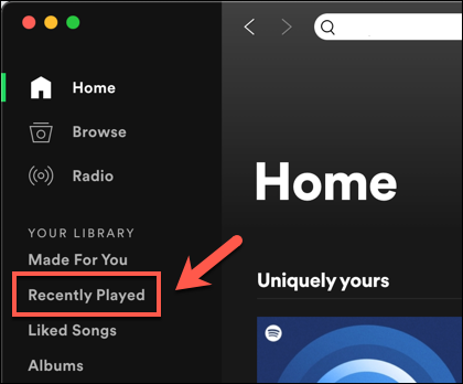 In the Spotify desktop app, press the Recently Played tab in the left-hand menu.