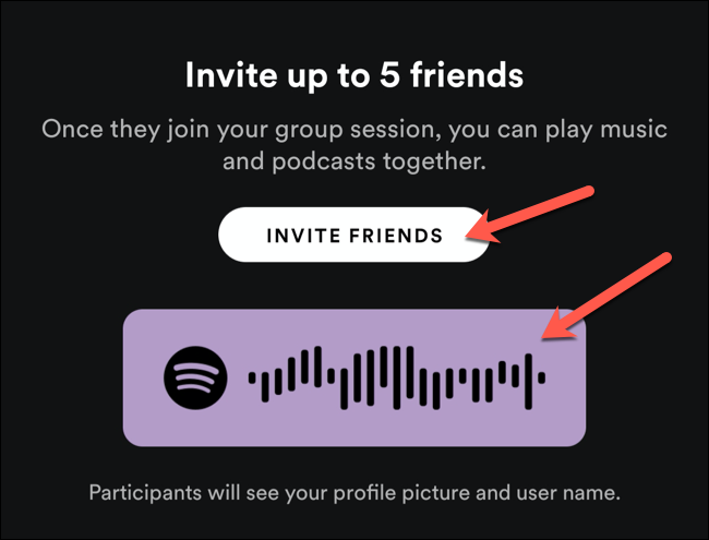 Use the sharing code to invite nearby users to a Spotify group session, or tap Invite Friends to share it with other users