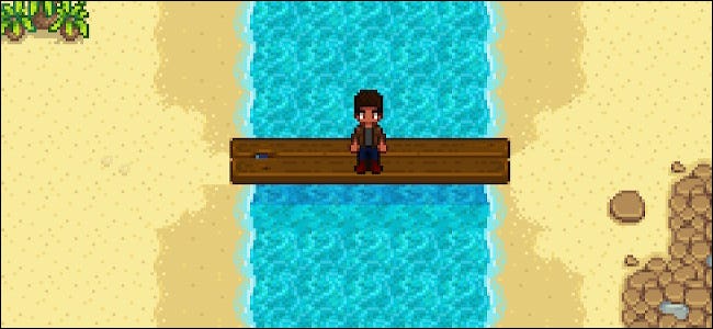 A character sitting on a bridge at Tide Pool Beach in Stardew Valley. 