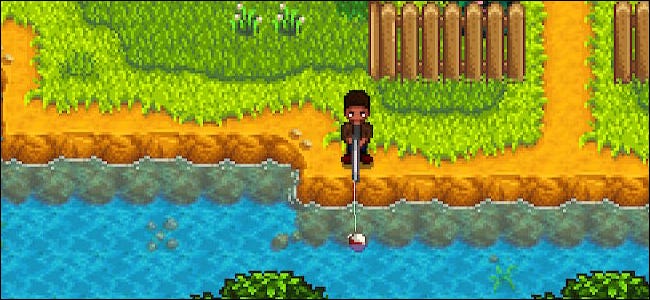 A character fishing in Stardew Valley.